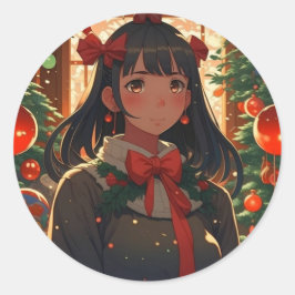 Feestelijk anime meisje op kerst nacht ronde sticker