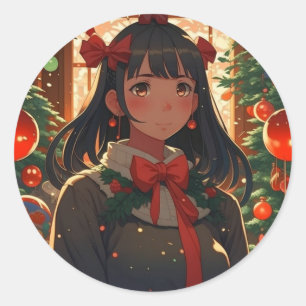 Feestelijk anime meisje op kerst nacht ronde sticker