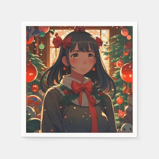 Feestelijk anime meisje op kerst nacht servet (Voorkant)