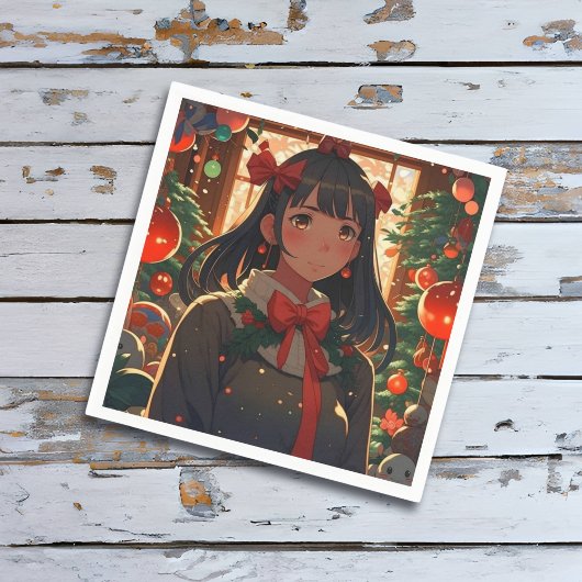 Feestelijk anime meisje op kerst nacht servet