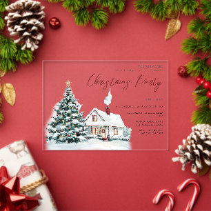 Feestelijk besneeuwd huis en kerstfeestboom acryl uitnodigingen
