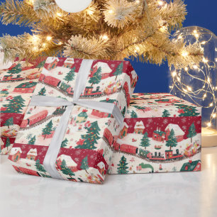 Feestelijk betegeld kersttreinpatroon cadeaupapier