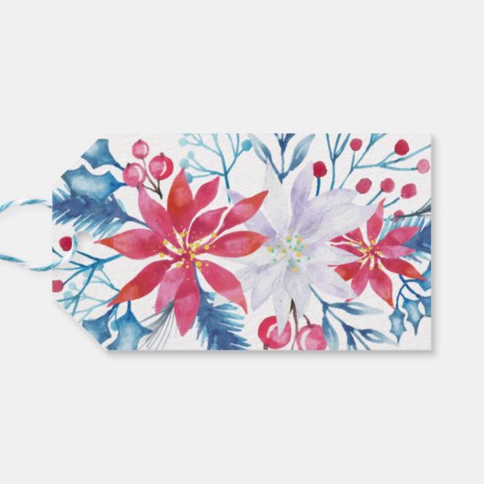 Feestelijk blauw bloemig kerstcadeau label cadeaulabel (Achterkant Horizontaal)