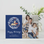 Feestelijk Blauw Kerstmis Rendier Feestdagenkaart (Staand voorkant)