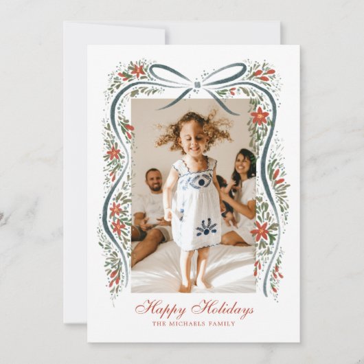 Feestelijk blauw lint met poinsettia's en groen feestdagenkaart (Voorkant)