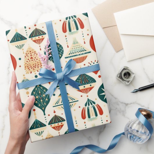 Feestelijk Blauw Rood Ornamenten Geometrisch Mid C Cadeaupapier (Geschenken)