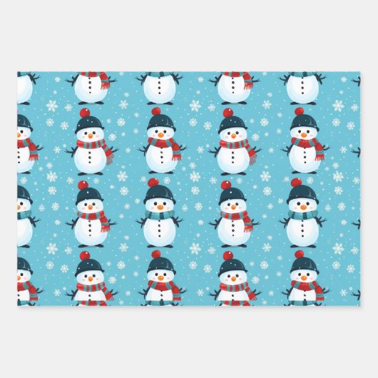 Feestelijk Blauw Winter Wonderland Sneeuwmannen Ke Inpakpapier Vel (Voorkant 3)