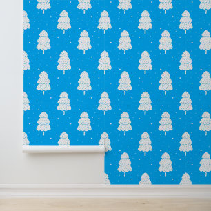 Feestelijk blauw wit kerstboom patroon betegeld behang