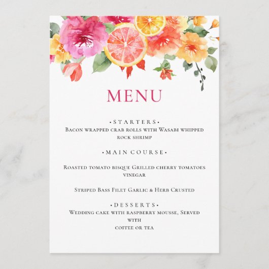 Feestelijk Bright Flowers Floral Citrus Vrijgezell Menu (Voorkant)