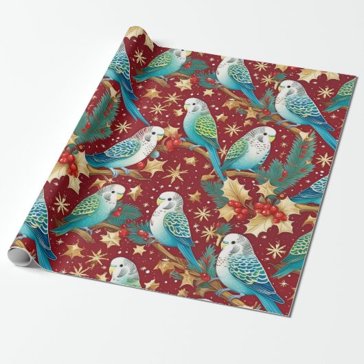 Feestelijk Budgie Gold & Red Christmas Wrapping Pa Cadeaupapier (Uitgerold)