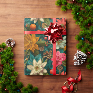 Feestelijk citrus- en winterbloemen kerstpatroon cadeaupapier