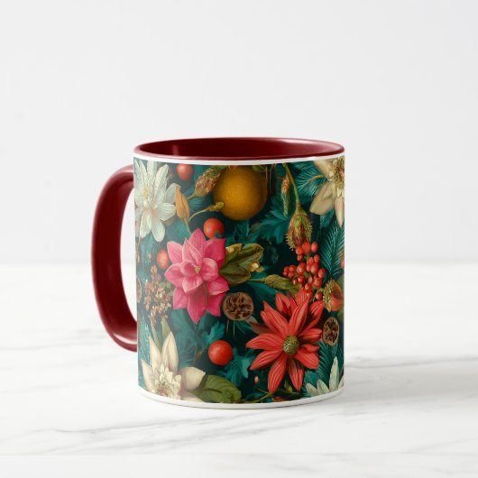 Feestelijk citrus- en winterbloemen kerstpatroon mok (Voorkant links)
