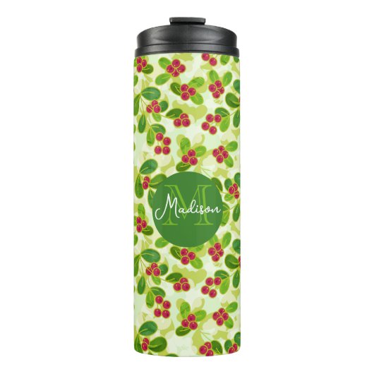 Feestelijk Cranberry Fruit Pattern & Monogram, Gro Thermosbeker (Voorkant)