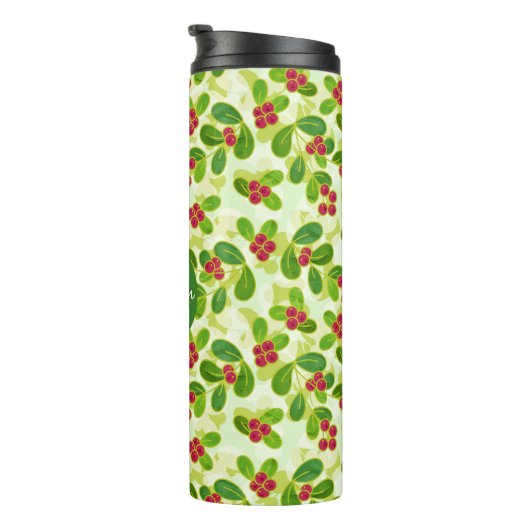 Feestelijk Cranberry Fruit Pattern & Monogram, Gro Thermosbeker (Geroteerd rechts)