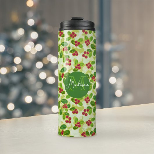 Feestelijk Cranberry Fruit Pattern & Monogram, Gro Thermosbeker