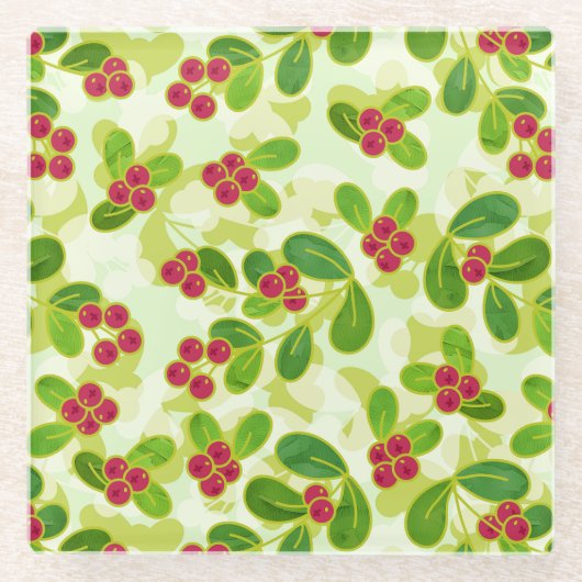 Feestelijk Cranberry fruitpatroon, groen Glazen Onderzetter (Voorkant)