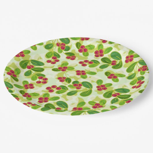 Feestelijk Cranberry fruitpatroon, groen Papieren Bordje (Gekanteld)