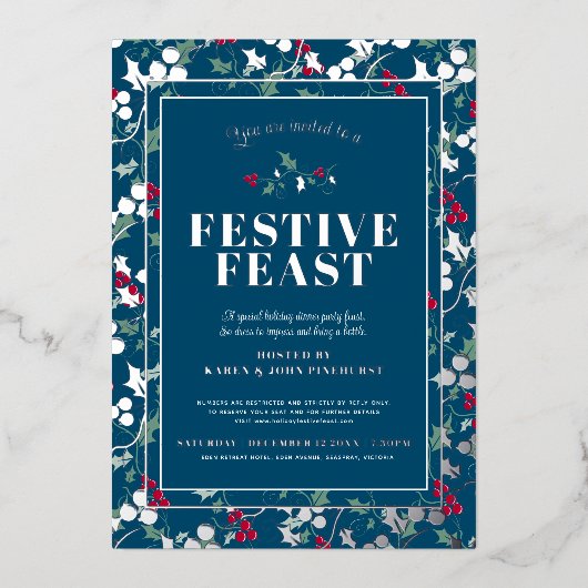 Feestelijk Feest blauwe rode bessen Kerstdiner Folie Uitnodiging (Voorkant)