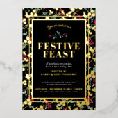 Feestelijk Feest zwart gouden bessen Kerstdiner Folie Uitnodiging (Voorkant)