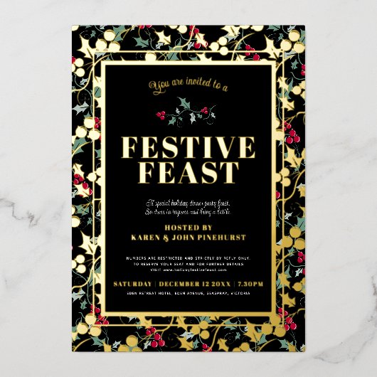 Feestelijk Feest zwart gouden bessen Kerstdiner Folie Uitnodiging (Voorkant)