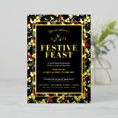 Feestelijk Feest zwart gouden bessen Kerstdiner Folie Uitnodiging (Staand Voorkant)
