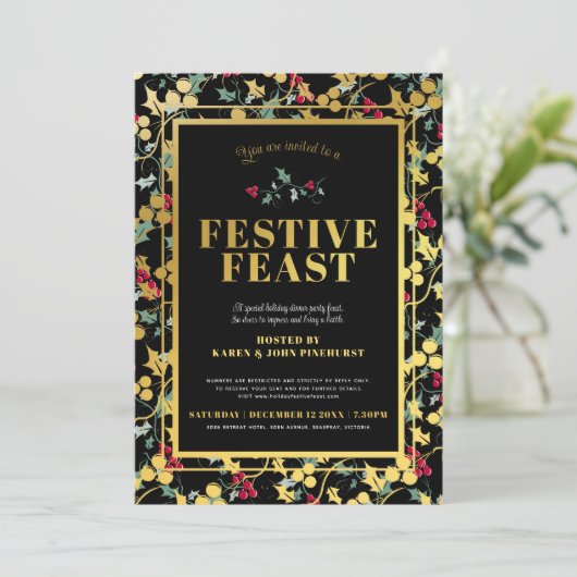 Feestelijk Feest zwart gouden bessen Kerstdiner Kaart (Staand voorkant)