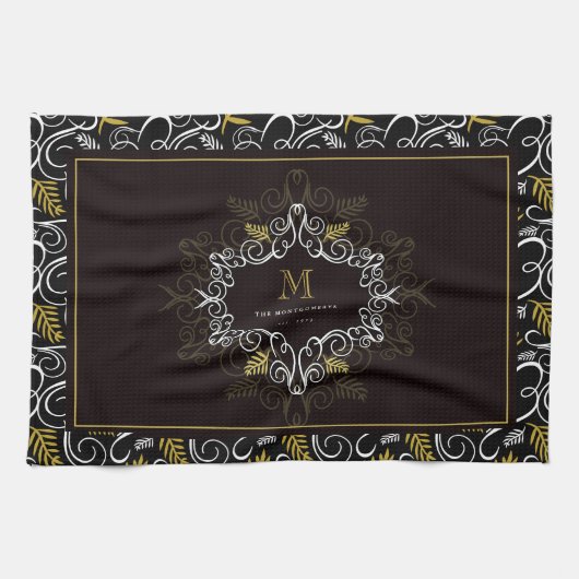 Feestelijk gebladerte Art Deco Monogram Vakantie Theedoek (Horizontaal)