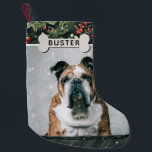 Feestelijk gebladerte Custom Dog Foto & Naam Kleine Kerstsok<br><div class="desc">Feestelijke botanische gebladerte huisdier foto kerstkous. De kous kan worden aangepast met de naam en foto van het huisdier. Een groene botanische winterbladerachtergrond met een sneeuwbedekking. De naam van het huisdier wordt weergegeven op een hondenbot.</div>