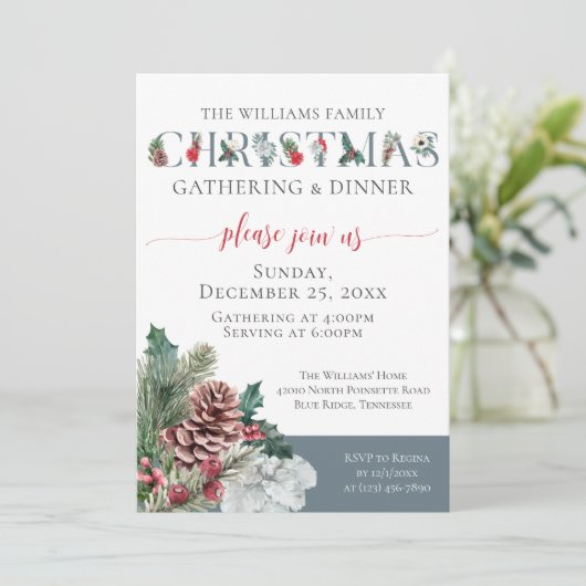 Feestelijk gebladerte Familie Kerstdiner uitnodigi Kaart (Staand voorkant)