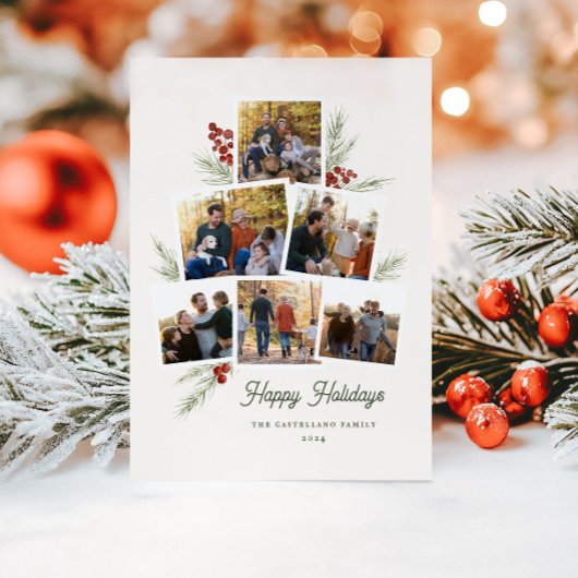 Feestelijk gebladerte Photo Tree Lijst Flat Holida Feestdagenkaart