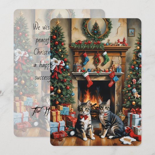 Feestelijk gedecoreerde kamer, open haard, katten, (Voorkant / Achterkant)