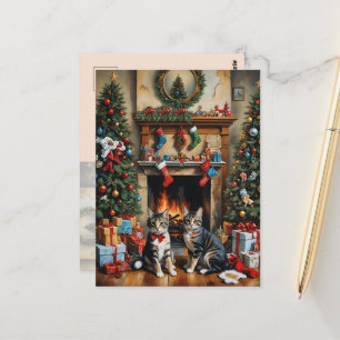 Feestelijk gedecoreerde kamer, open haard, katten, briefkaart