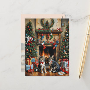 Feestelijk gedecoreerde kamer, open haard, katten, feestdagenkaart