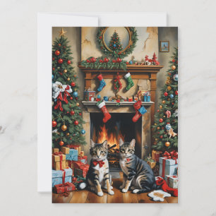 Feestelijk gedecoreerde kamer, open haard, katten, kaart
