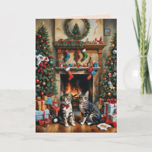 Feestelijk gedecoreerde kamer, open haard, katten, kaart