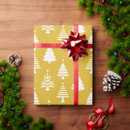 Feestelijk geel en wit kerstboompatroon cadeaupapier