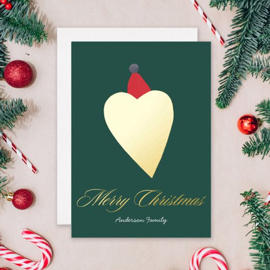 Feestelijk Gouden Hart met Kerst Pet Groen Folie Feestdagenkaart