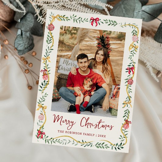 Feestelijk groen & bogen Vrolijk Kerstmis 1 Foto Feestdagenkaart