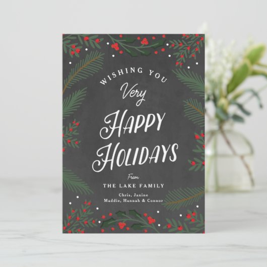 Feestelijk groen en bessen op maat feestdagenkaart (Staand voorkant)