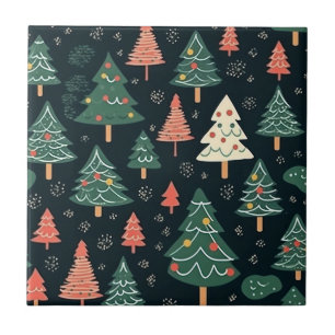 Feestelijk groen en koraalrood kerstboompatroon tegeltje