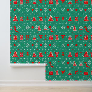 Feestelijk groen en rood kerstpatroon behang