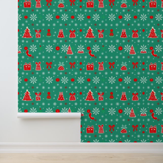 Feestelijk groen en rood kerstpatroon behang (Applicatie)