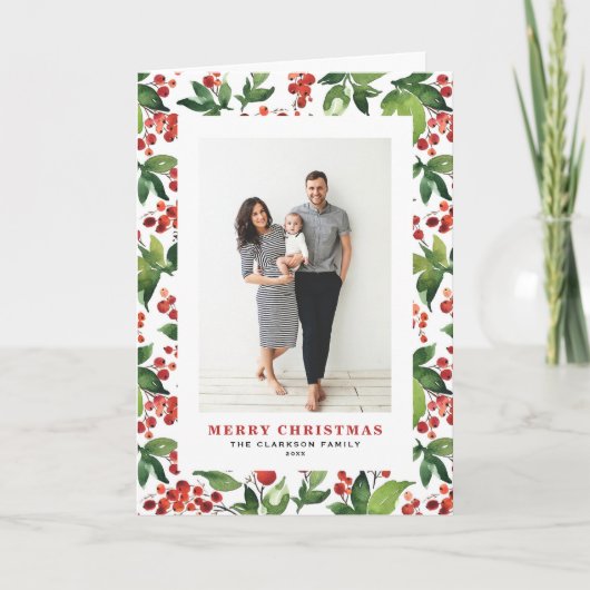 Feestelijk groen en winterbessen foto kerst feestdagen kaart (Voorkant)