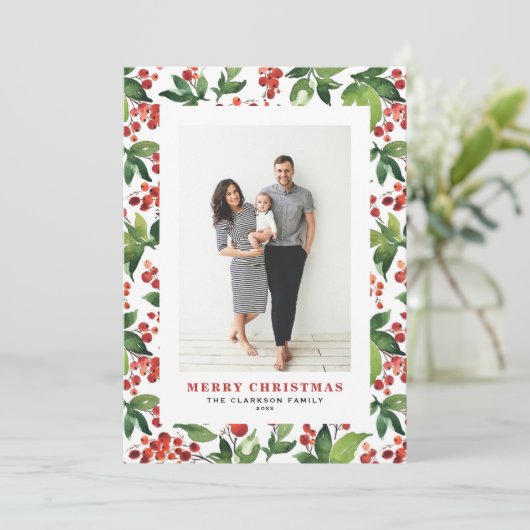 Feestelijk groen en winterbessen foto kerst feestdagenkaart (Staand voorkant)