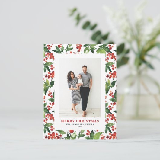 Feestelijk groen en winterbessen foto kerst feestdagenkaart (Staand voorkant)