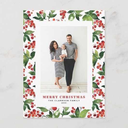 Feestelijk groen en winterbessen foto kerst feestdagenkaart (Voorkant)