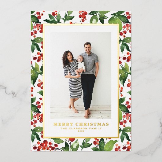 Feestelijk groen en winterbessen foto kerst folie feestdagenkaart (Voorkant)