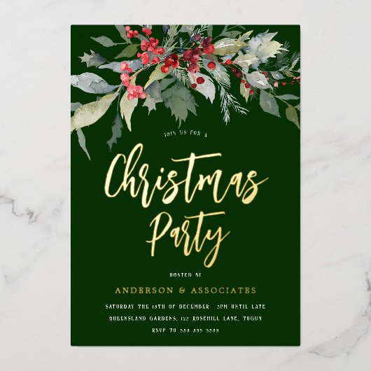 Feestelijk Groen & Goud Vakantie Kerstfeest Folie Uitnodiging (Voorkant)