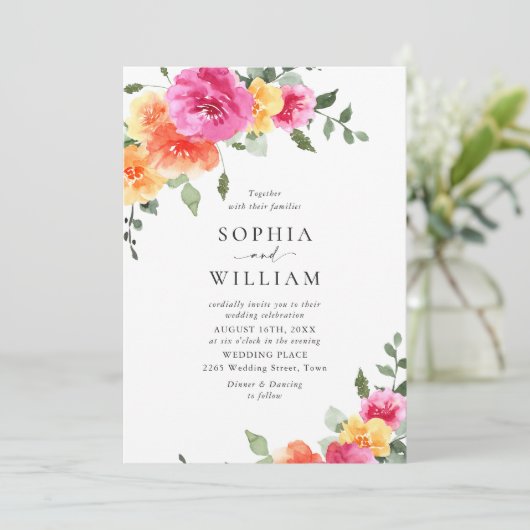 Feestelijk Helder Roze Sinaasappel Bloemen Bruilof Kaart (Staand voorkant)