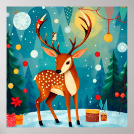 Feestelijk hert in een besneeuwd bos poster